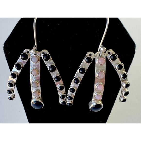 Spiky Black Onyx & Pink Opal Sterling Silver Handmade Earrings - Picture 3 of 7